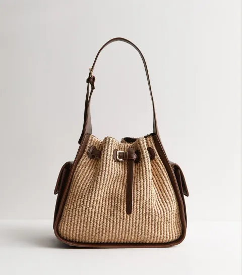 Brown Woven Belted Bucket Bag
