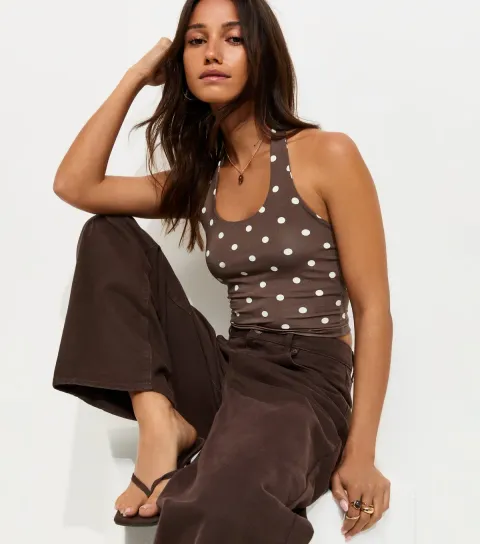 Women's Brown Slinky Jersey Spot Print Halter Neck Top