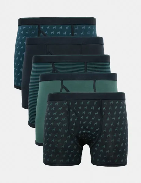 Marks & Spencer 5 Pack Cotton Stretch Stag Print Trunks Teal Mix
