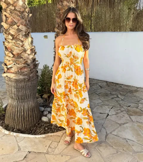 Women's Yellow Floral Tiered Halterneck Midi Dress