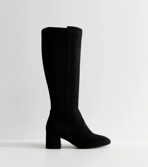 New Look Women's Wide Fit Black Low Block Heel Almond Toe Knee High Boots Vegan