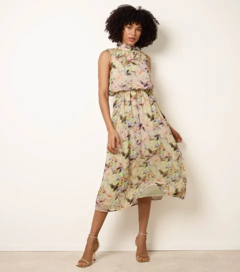 Women's Green Floral Print Puffball Waist Midi Dress