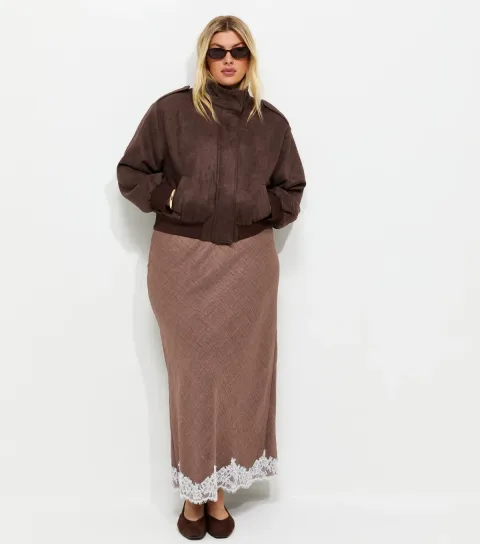 Women's Plus Size Dark Brown Woven Lace Trim Midi Skirt Curves
