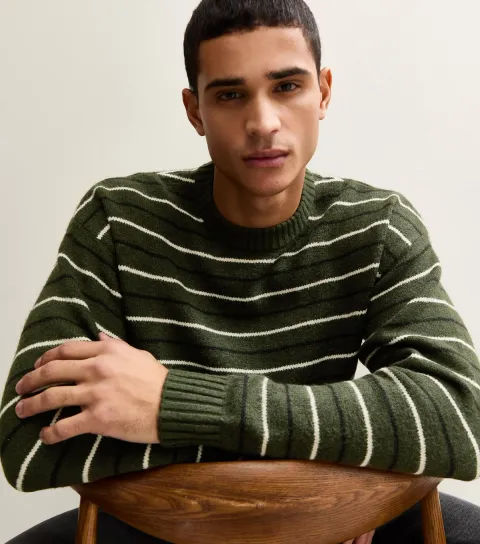 Men's Green Regular Striped Crew Neck Jumper