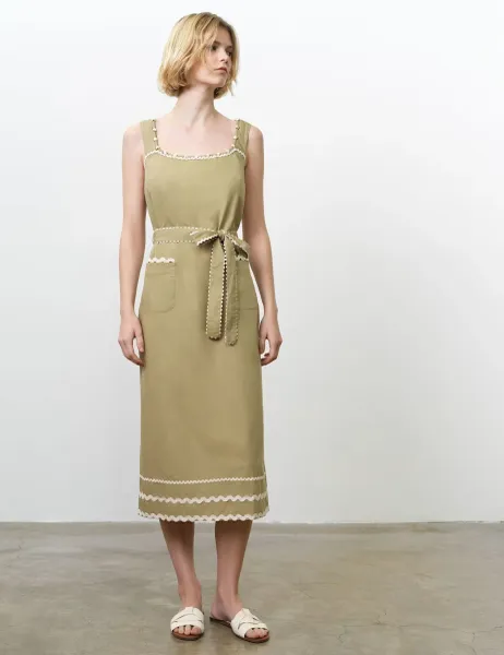 French Connection Pure Cotton Square Neck Midi Waisted Dress Green Mix