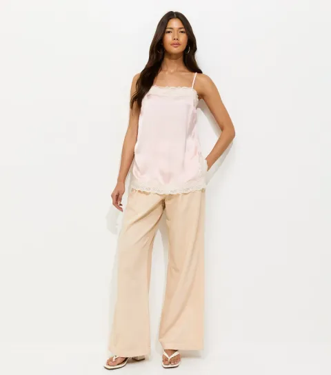 Women's Off White Pleated Twill Wide Leg Trousers
