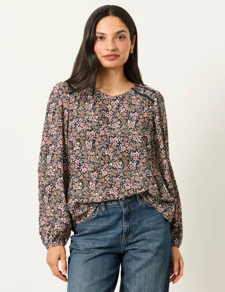 FatFace Floral Lace Insert Blouse Navy Mix