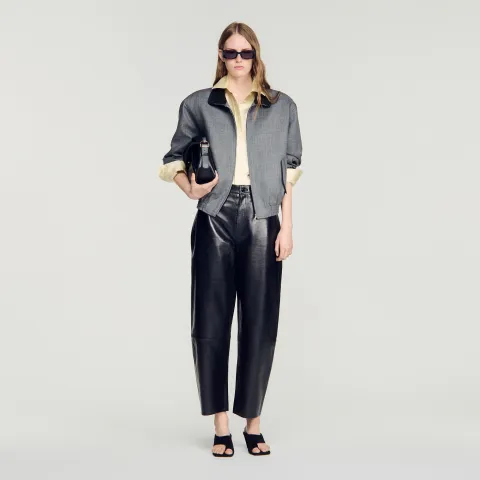Leather barrel-leg trousers