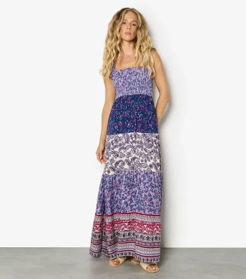 Women's Purple Shirred Patchwork Maxi Dress