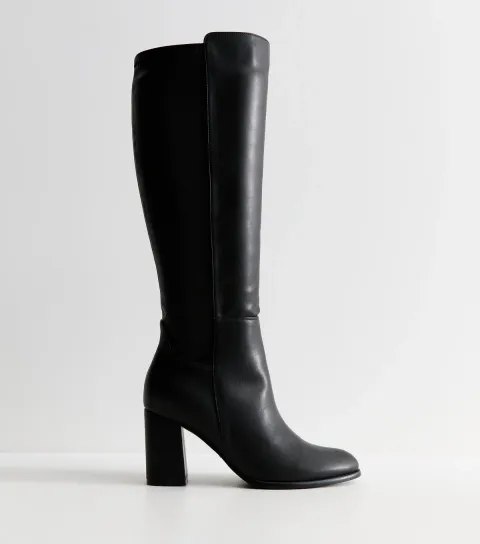New Look Women's Wide Fit Black Faux Leather Block Heel Knee High Boots Vegan