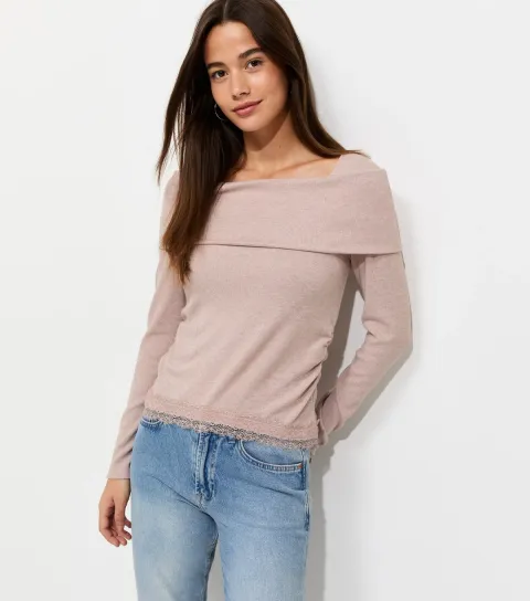 New Look Women's Mink Soft Touch Lace Hem Bardot Top