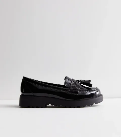 Women's Wide Fit Black Patent Chunky Tassel Loafers