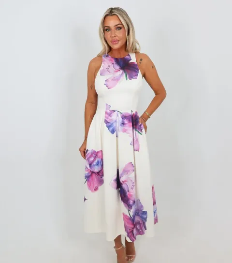 Women's Lilac Floral Print Racer Pleated Midi Dress