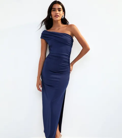 Women's Navy Ruched One Shoulder Slit Hem Midi Dress