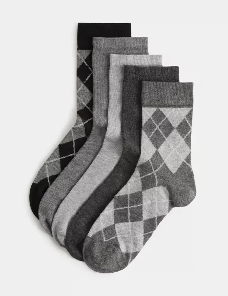Marks & Spencer 5 Pack Argyle Sparkle Crew Socks Grey Mix