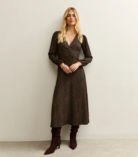 New Look Women's Brown Leopard Print Wrap Midi Dress