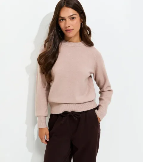 Women's Petite Light Pink Set In Sleeve Crew Neck Knitted Jumper