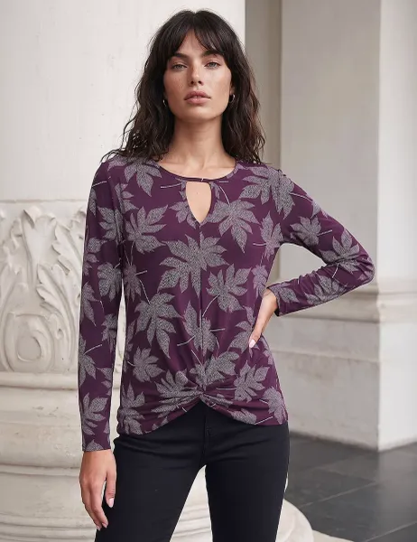 Roman Leaf Print Keyhole Neck Top Dark Purple