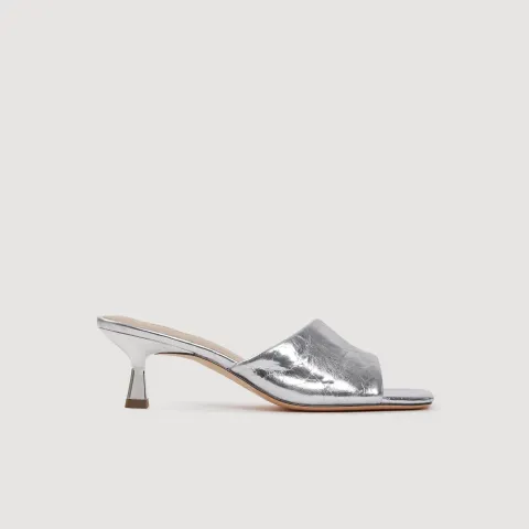 Heeled metallic leather mules