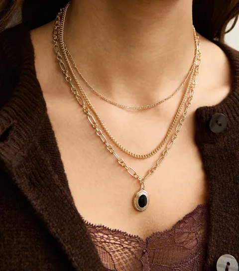 Gold Tone 3- Layer Sleek Chain Oval Pendant Necklace.