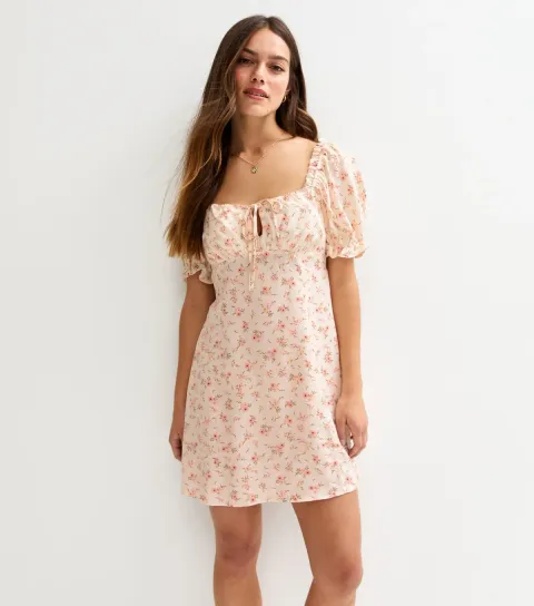 Women's Petite Cream Floral Print Milkmaid Mini Dress