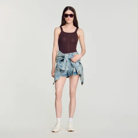 Pointelle knit vest top with bow