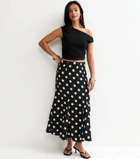 Women's Petite Black Polka Dot Flared Godet Midi Skirt