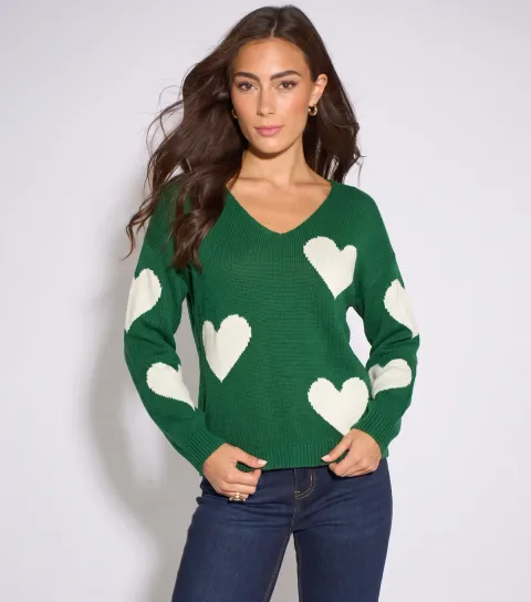 Gini London Women's Dark Green Heart V-Neck Jumper