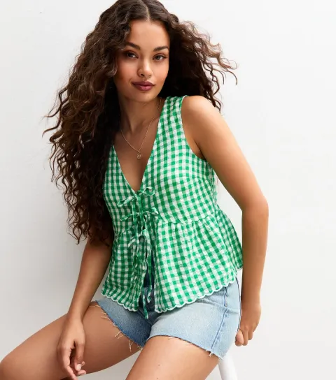 Women's Petite Green Gingham Tie Front Top