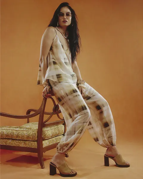 River Island Muted Check Balloon Leg Cuffed Trousers