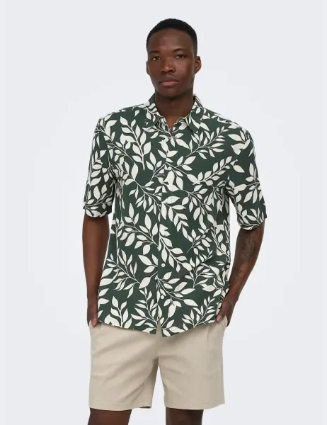 Only & Sons Regular Fit Abstract Print Short Sleeve Shirt Dark Green
