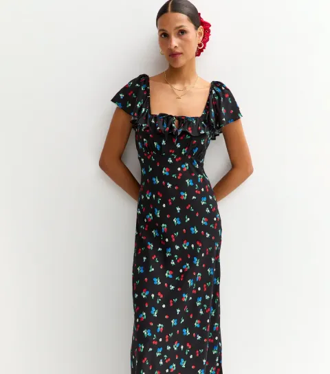 Women's Black Fruit and Floral Print Square Neck Midi Dress