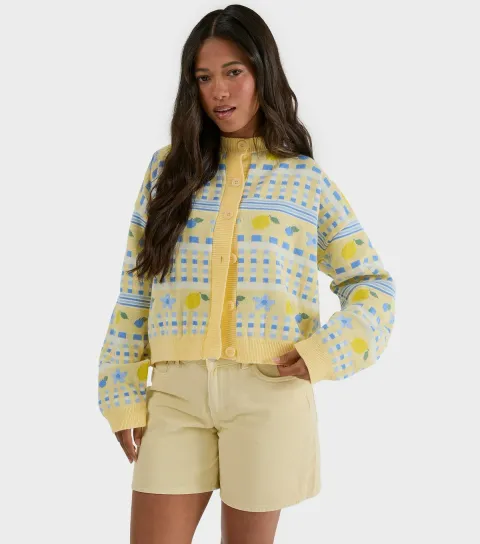 Women's Bright Yellow Lemon Pattern Striped Cardigan