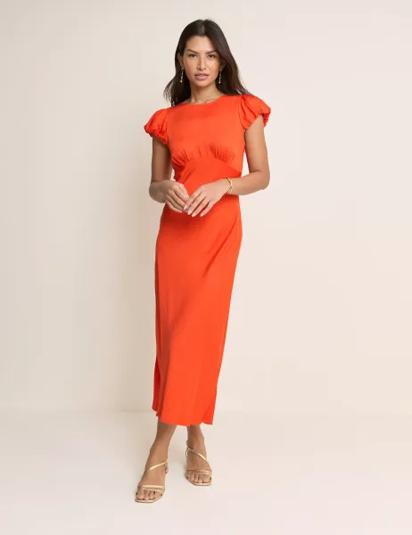 Nobody's Child Round Neck Puff Sleeve Midi Waisted Dress Red