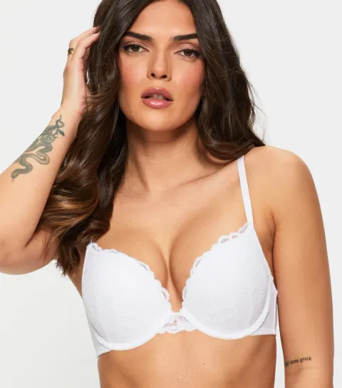 Women's White Sexy Lace Padded Plunge Bra