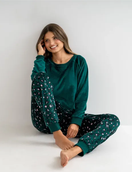 Fleece Heart Print Pyjama Set Dark Green Mix