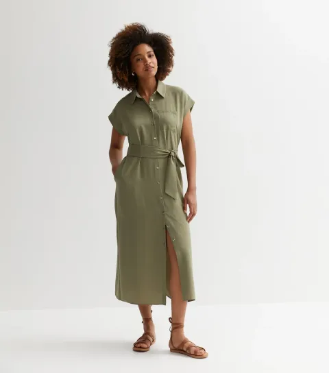 Women's Khaki Utility Midaxi Shirt Dress