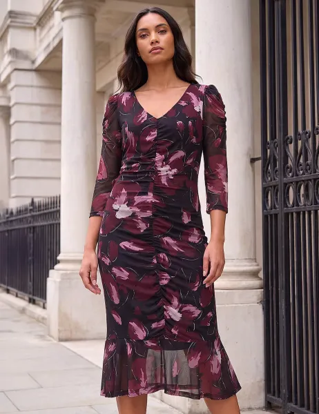 Roman Floral Ruched Midi Bodycon Dress Black Mix