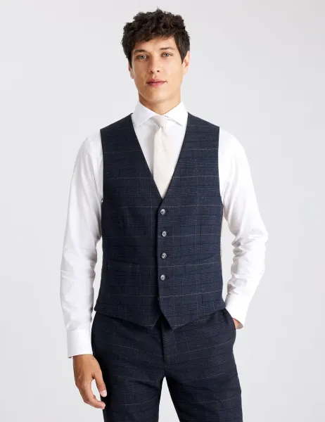 Moss Tailored Fit Check Waistcoat Navy Mix