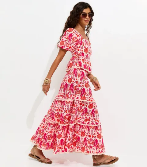 Women's Pink Cotton Parrot Shell Print Tiered Shirred Midi Skirt