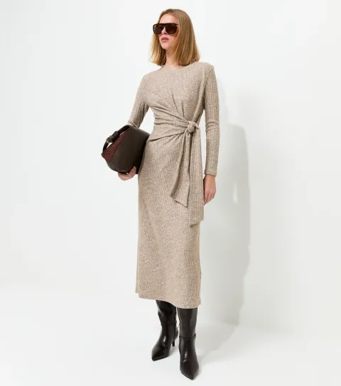 Women's Dark Brown Ribbed Tie Front Long Sleeve Midi Dress