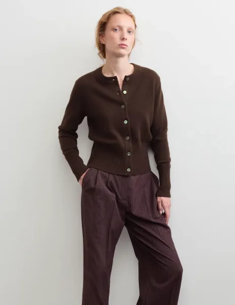 Jaeger Pure Cashmere Round Neck Relaxed Cardigan Coffee