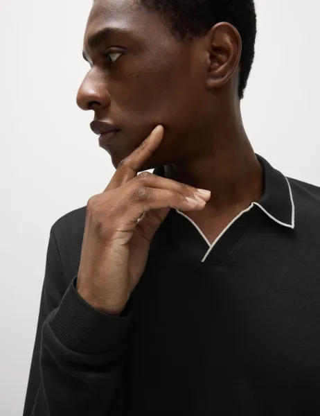 Marks & Spencer Pure Cotton Tipped Long Sleeve Polo Shirt Black