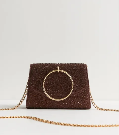 Dark Brown Gem Embellished Circular Handle Clutch Bag