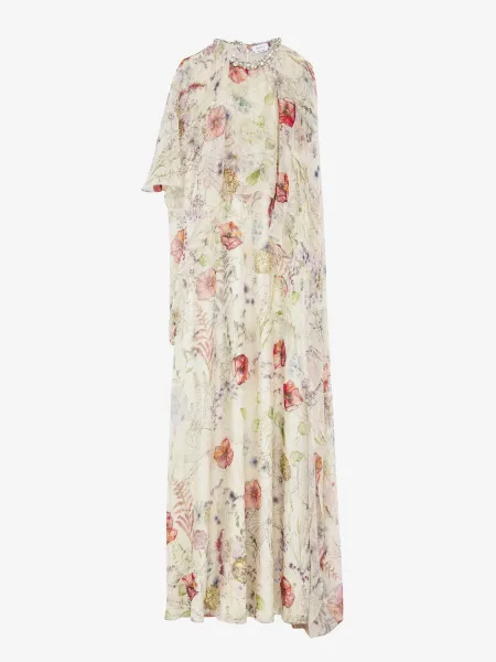 Meadow Floral Print Asymmetric Cape Dress