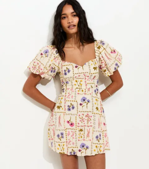 Women's Cream Botanical Print Milkmaid Mini Dress
