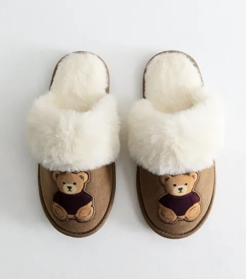 Women's Light Brown Faux Suede Teddy Bear Embroidered Mule Faux Fur Slippers