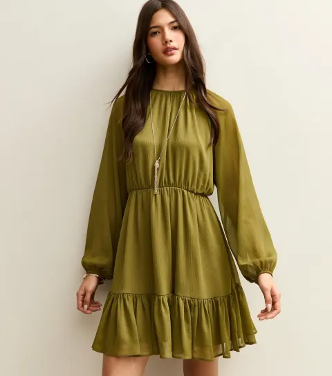 Women's Light Khaki Chiffon Tiered Mini Dress
