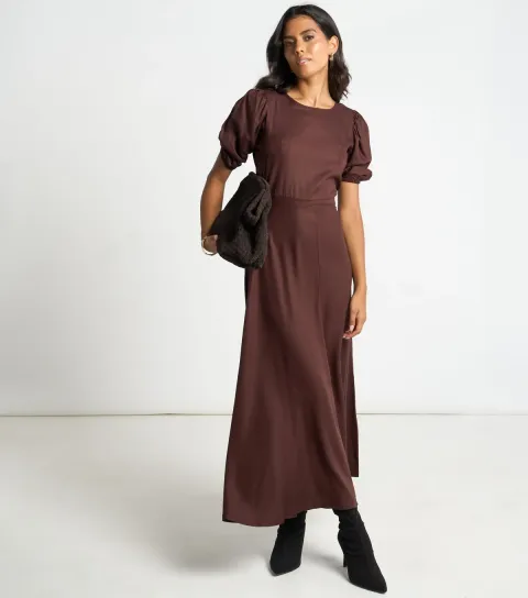 Women's Brown Puff Sleeve Midi Dress