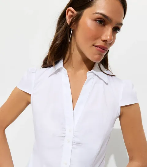 Women's Petite White Cotton Blend Fitted Double Button Shirt